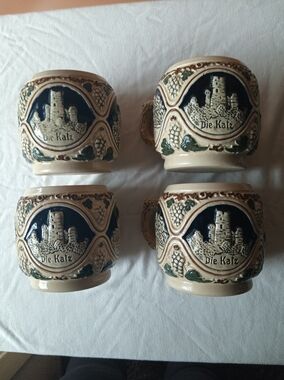 Vintage German Stoneware Beer Stein Mugs in Cream & Navy